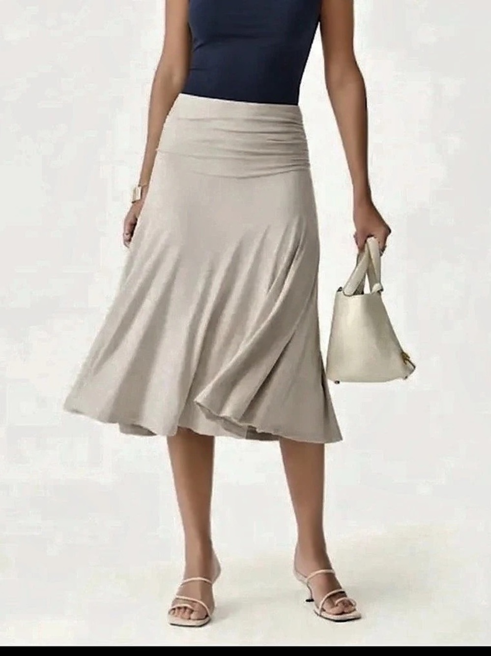 OGL Flowy Side Ruched A-line Midi Skirt Cream
